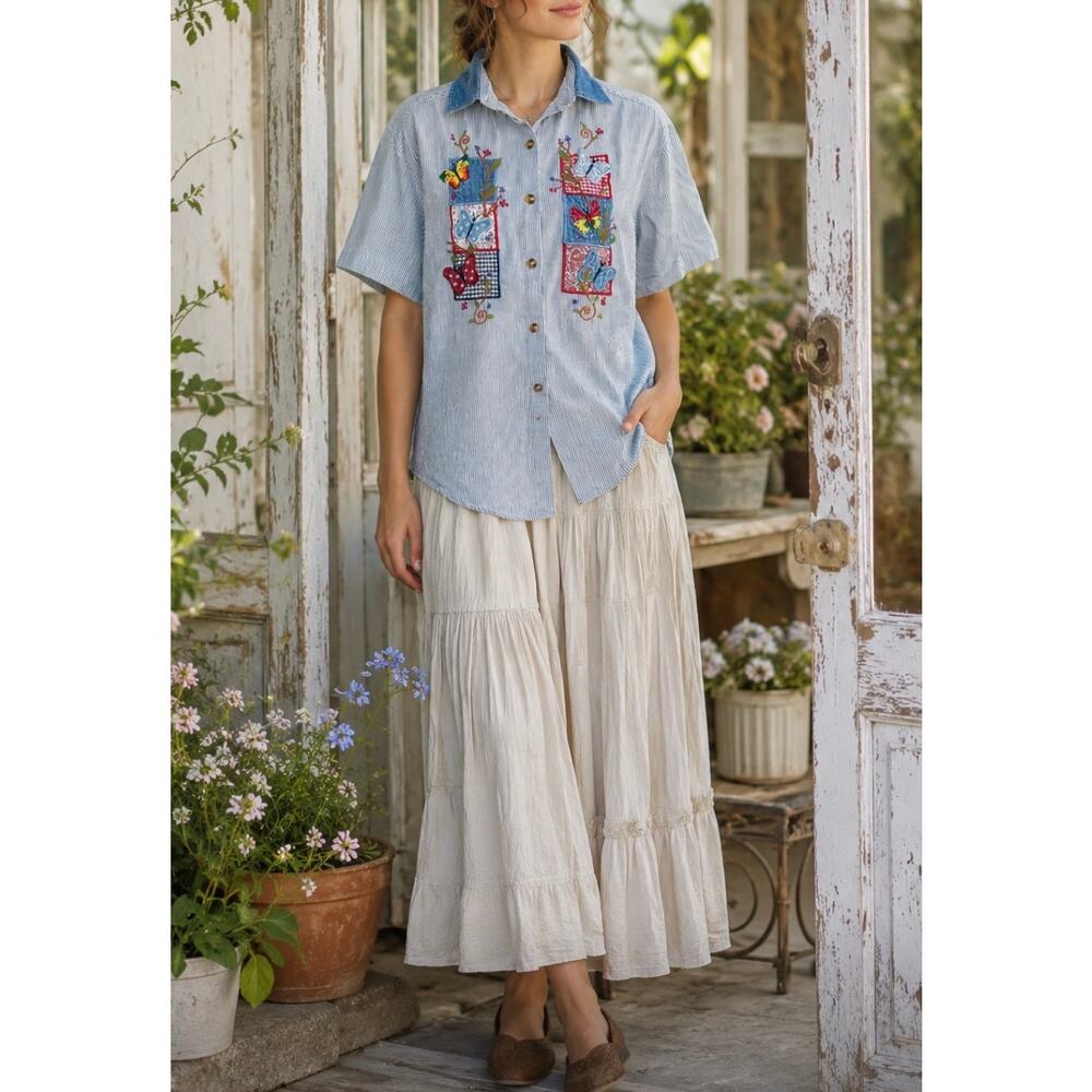 Vintage Casey & Max Embroidered Butterfly Shirt Patchwork Cottagecore fairy L